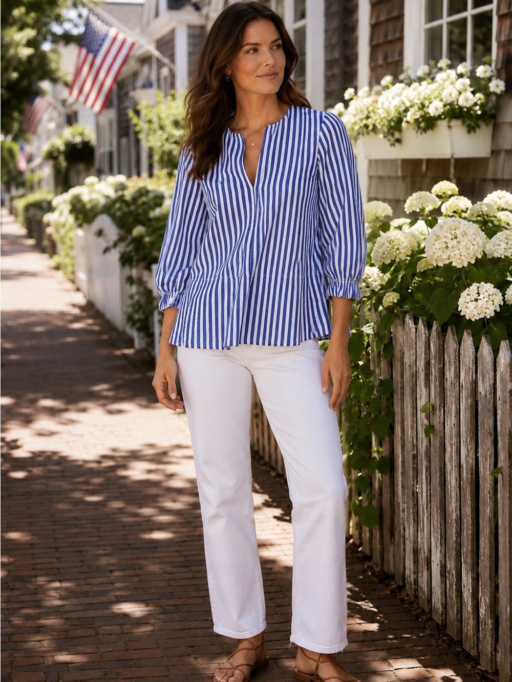 Tuckernuck Blue and White Striped Cotton Peplum Blouse